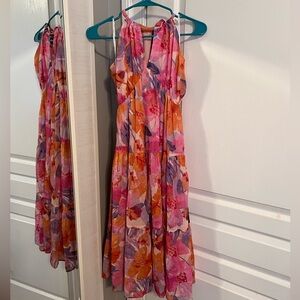 Lulu’s Keyhole Pink Multi Floral Tiered Midi Dress With Pockets